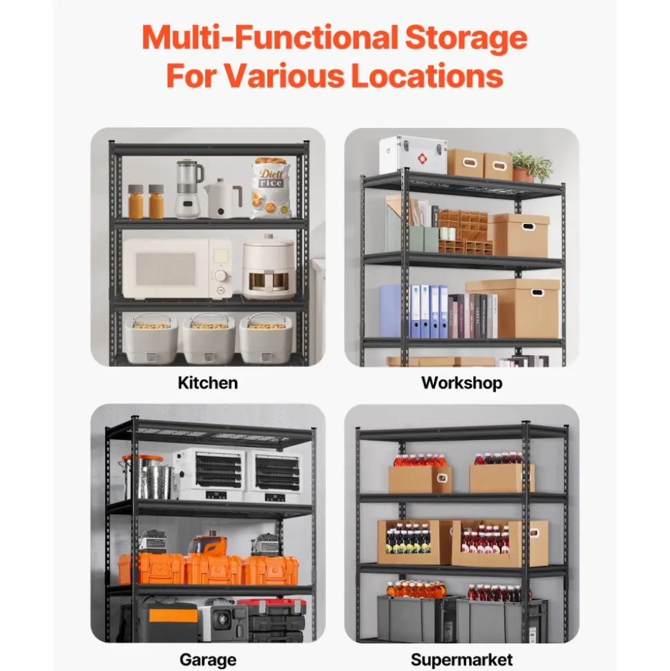 VEVOR Storage Shelves, 2500 lbs, 5 Tier Heavy Duty Garage Shelving, 18" D x 48" W x 72" H Adjustable Metal Shelves for Industrial Shelving Unit Utility Shelf, for Kitchen, Warehouse, Basement, Black