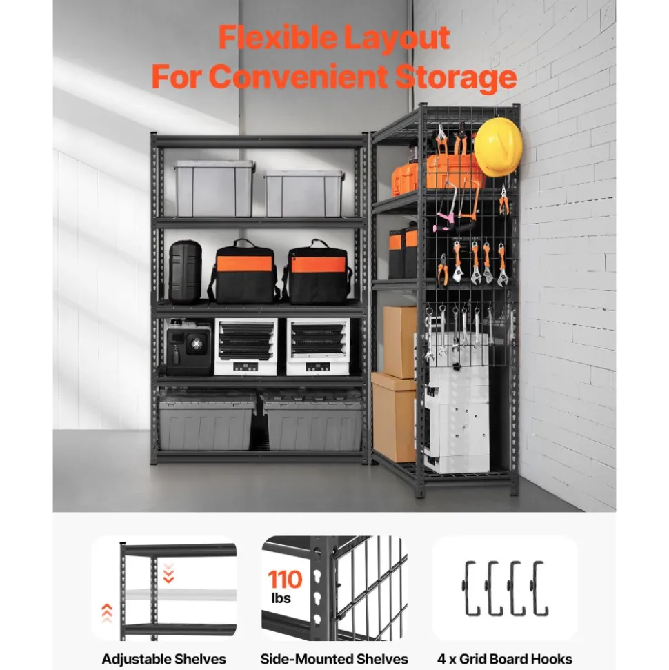 VEVOR Storage Shelves, 2500 lbs, 5 Tier Heavy Duty Garage Shelving, 18" D x 48" W x 72" H Adjustable Metal Shelves for Industrial Shelving Unit Utility Shelf, for Kitchen, Warehouse, Basement, Black