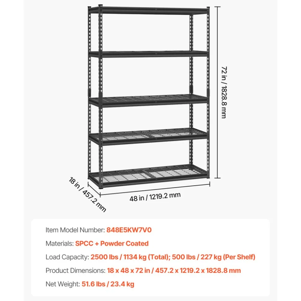 VEVOR Storage Shelves, 2500 lbs, 5 Tier Heavy Duty Garage Shelving, 18" D x 48" W x 72" H Adjustable Metal Shelves for Industrial Shelving Unit Utility Shelf, for Kitchen, Warehouse, Basement, Black