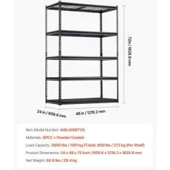 VEVOR Storage Shelves, 3000 lbs, 5 Tier Heavy Duty Garage Shelving, 24