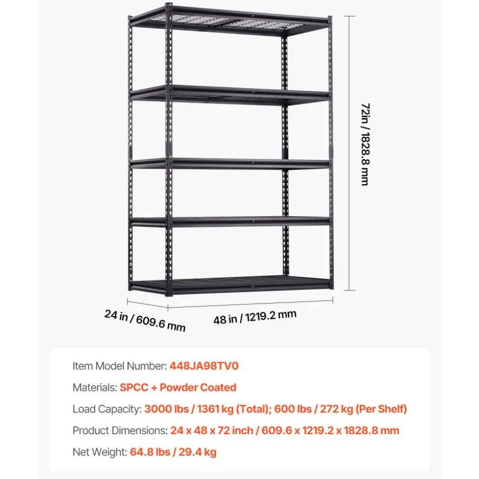 VEVOR Storage Shelves, 3000 lbs, 5 Tier Heavy Duty Garage Shelving, 24" D x 48" W x 72" H Adjustable Metal Shelves for Industrial Shelving Unit Utility Shelf, for Kitchen, Warehouse, Basement, Black