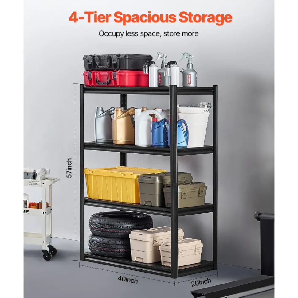 VEVOR Storage Shelves, 2400 lbs, 4 Tier Garage Storage Shelving, 20" D x 40" W x 57" H Adjustable Metal Shelves for Garage Shelves Utility Rack Shelf, Ideal for Kitchen, Warehouse, Basement, Black