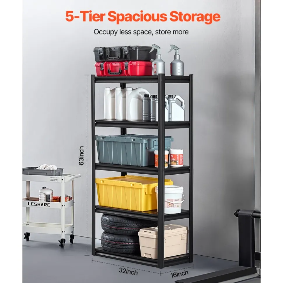 VEVOR Storage Shelves, 2000 lbs, 5 Tier Garage Storage Shelving, 16" D x 32" W x 63" H Adjustable Metal Shelves for Garage Shelves Utility Rack Shelf, Ideal for Kitchen, Warehouse, Basement, Black