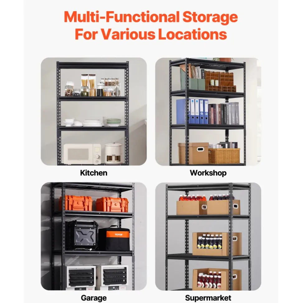 VEVOR Storage Shelves, 2000 lbs, 5 Tier Heavy Duty Garage Shelving, 16" D x 36" W x 72" H Adjustable Metal Shelves for Industrial Shelving Unit Utility Shelf, for Kitchen, Warehouse, Basement, Black