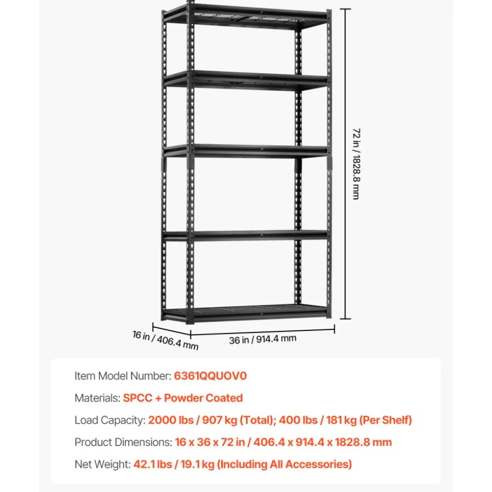 VEVOR Storage Shelves, 2000 lbs, 5 Tier Heavy Duty Garage Shelving, 16" D x 36" W x 72" H Adjustable Metal Shelves for Industrial Shelving Unit Utility Shelf, for Kitchen, Warehouse, Basement, Black