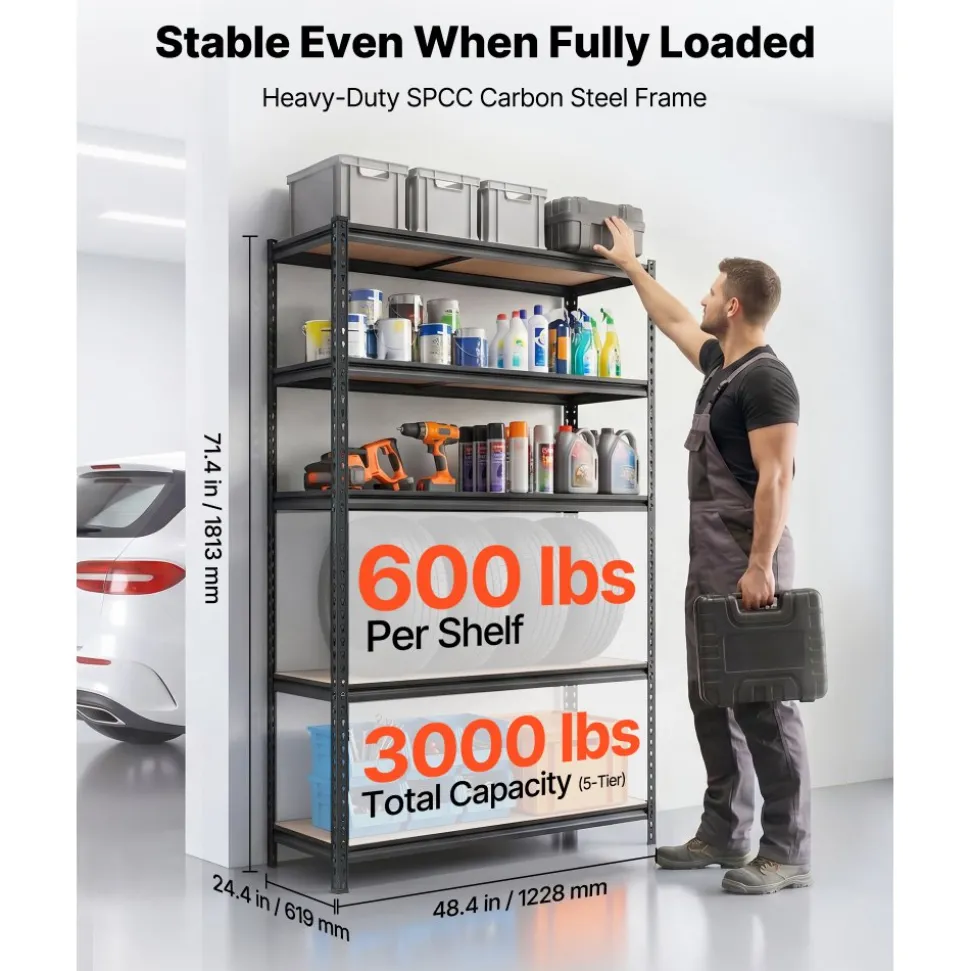 VEVOR Storage Shelves, 5-Tier Adjustable, 3000 lbs Capacity, Heavy Duty Garage Storage Shelving Unit, Metal Utility Rack Shelf, for Garage Workshop Warehouse Basement, 48.35" W x 24.37" D x 71.38" H