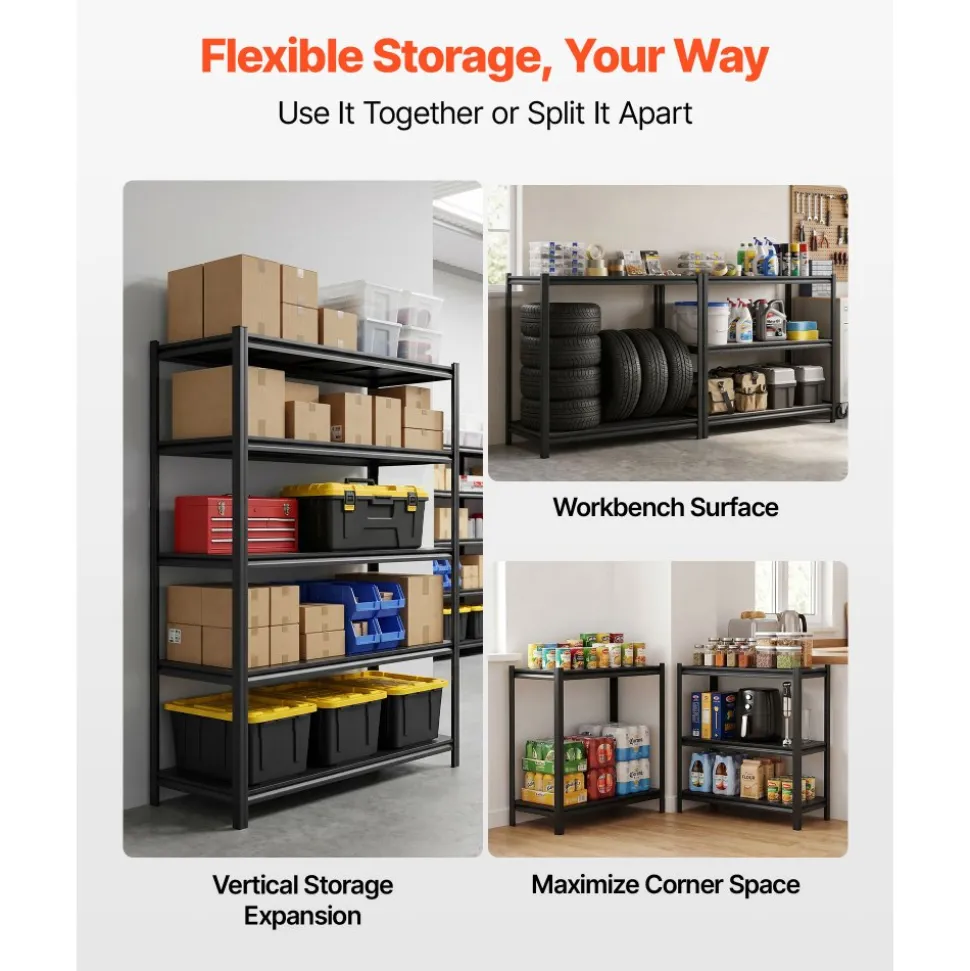 VEVOR Storage Shelves, 5-Tier Adjustable, 2500 lbs Capacity, Heavy Duty Garage Storage Shelving Unit, Metal Utility Rack Shelf, for Garage Warehouse Basement Kitchen, 48.43" W x 18.31" D x 71.38" H