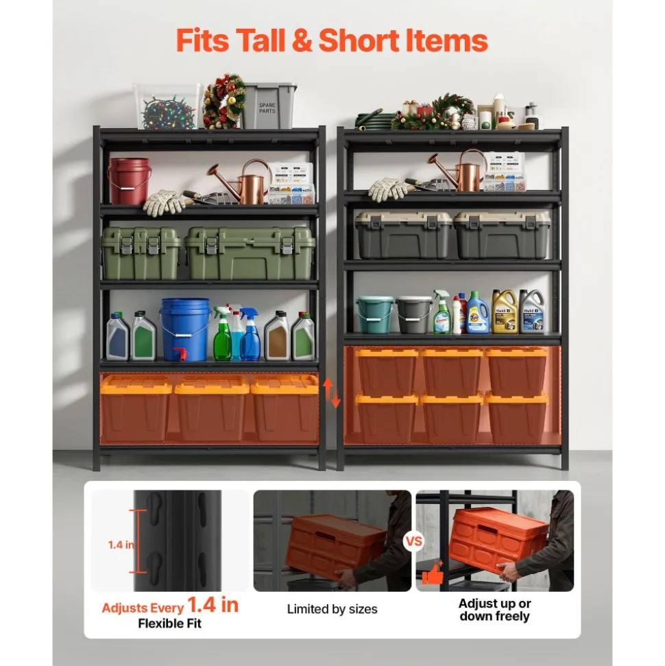 VEVOR Storage Shelves, 5-Tier Adjustable, 2500 lbs Capacity, Heavy Duty Garage Storage Shelving Unit, Metal Utility Rack Shelf, for Garage Warehouse Basement Kitchen, 48.43" W x 18.31" D x 71.38" H