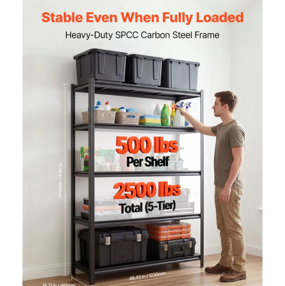 VEVOR Storage Shelves, 5-Tier Adjustable, 2500 lbs Capacity, Heavy Duty Garage Storage Shelving Unit, Metal Utility Rack Shelf, for Garage Warehouse Basement Kitchen, 48.43" W x 18.31" D x 71.38" H