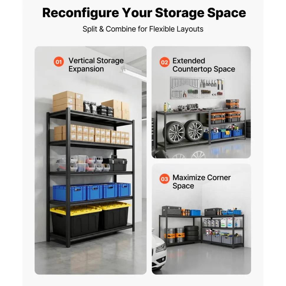 VEVOR Storage Shelves, 5-Tier Adjustable, 3000 lbs Capacity, Heavy Duty Garage Storage Shelving Unit, Metal Utility Rack Shelf, for Garage Workshop Warehouse Basement, 48.43" W x 20.55" D x 71.38" H