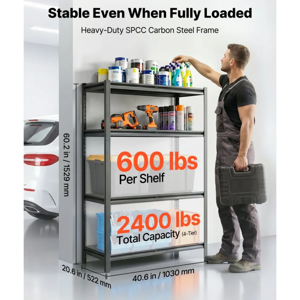 VEVOR Storage Shelves, 4-Tier Adjustable, 2400 lbs Capacity, Heavy Duty Garage Storage Shelving Unit, Metal Utility Rack Shelf, for Garage Workshop Warehouse Basement, 40.55" W x 20.55" D x 60.2" H