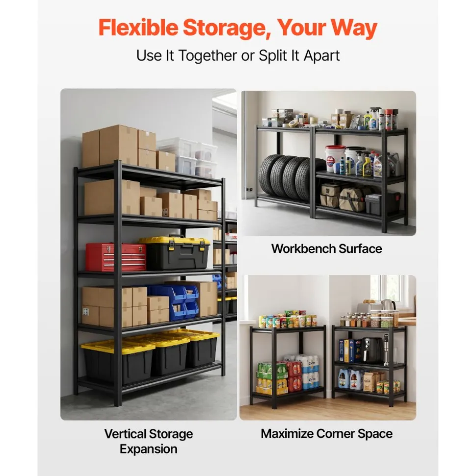 VEVOR Storage Shelves, 5-Tier Adjustable, 2000 lbs Capacity, Heavy Duty Garage Storage Shelving Unit, Metal Utility Rack Shelf, for Kitchen Pantry Basement Bathroom, 28.35" W x 12.17" D x 59.84" H