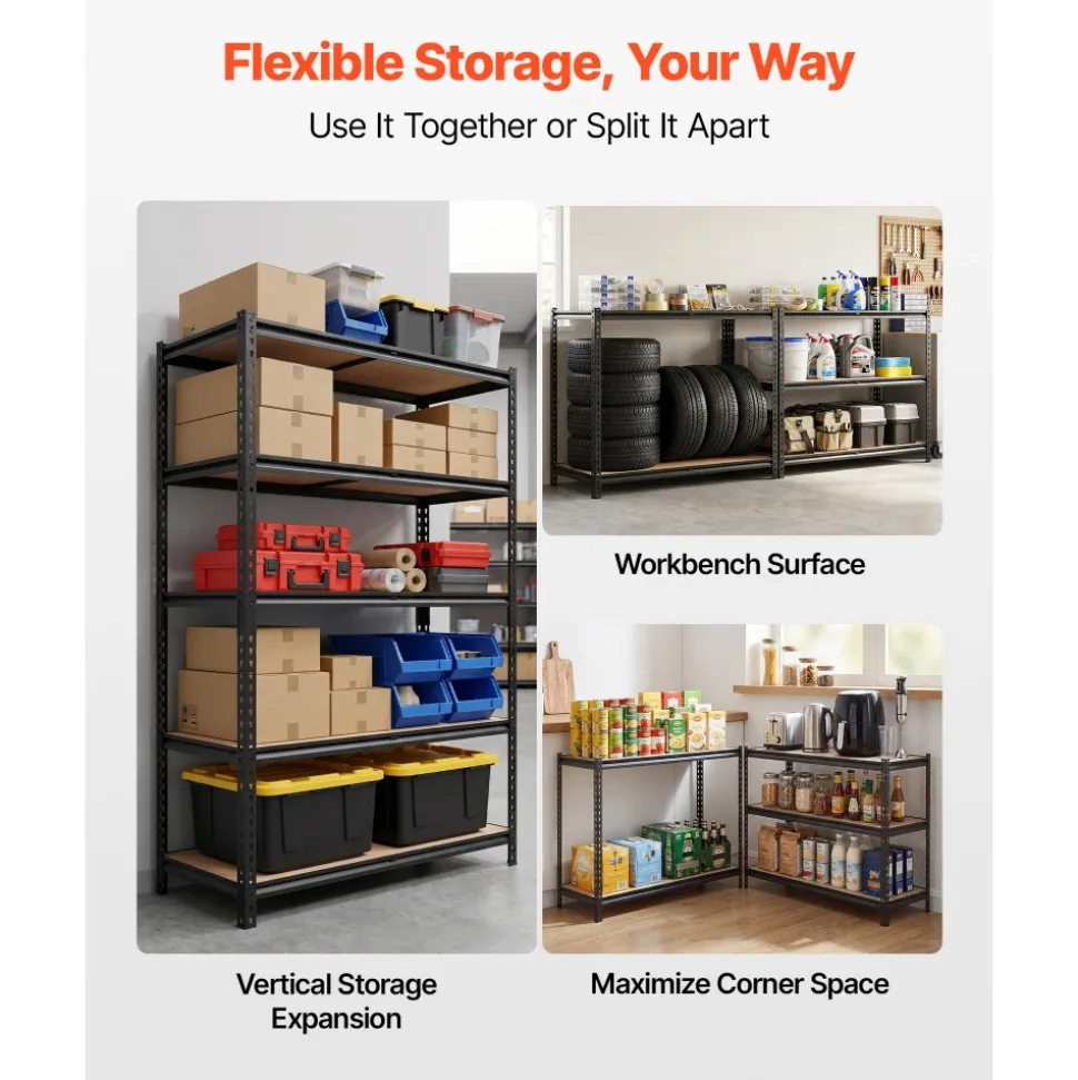 VEVOR Storage Shelves, 5-Tier Adjustable, 2000 lbs Capacity, Heavy Duty Garage Storage Shelving Unit, Metal Utility Rack Shelf, for Garage Warehouse Basement Kitchen, 48.35" W x 18.07" D x 71.38" H