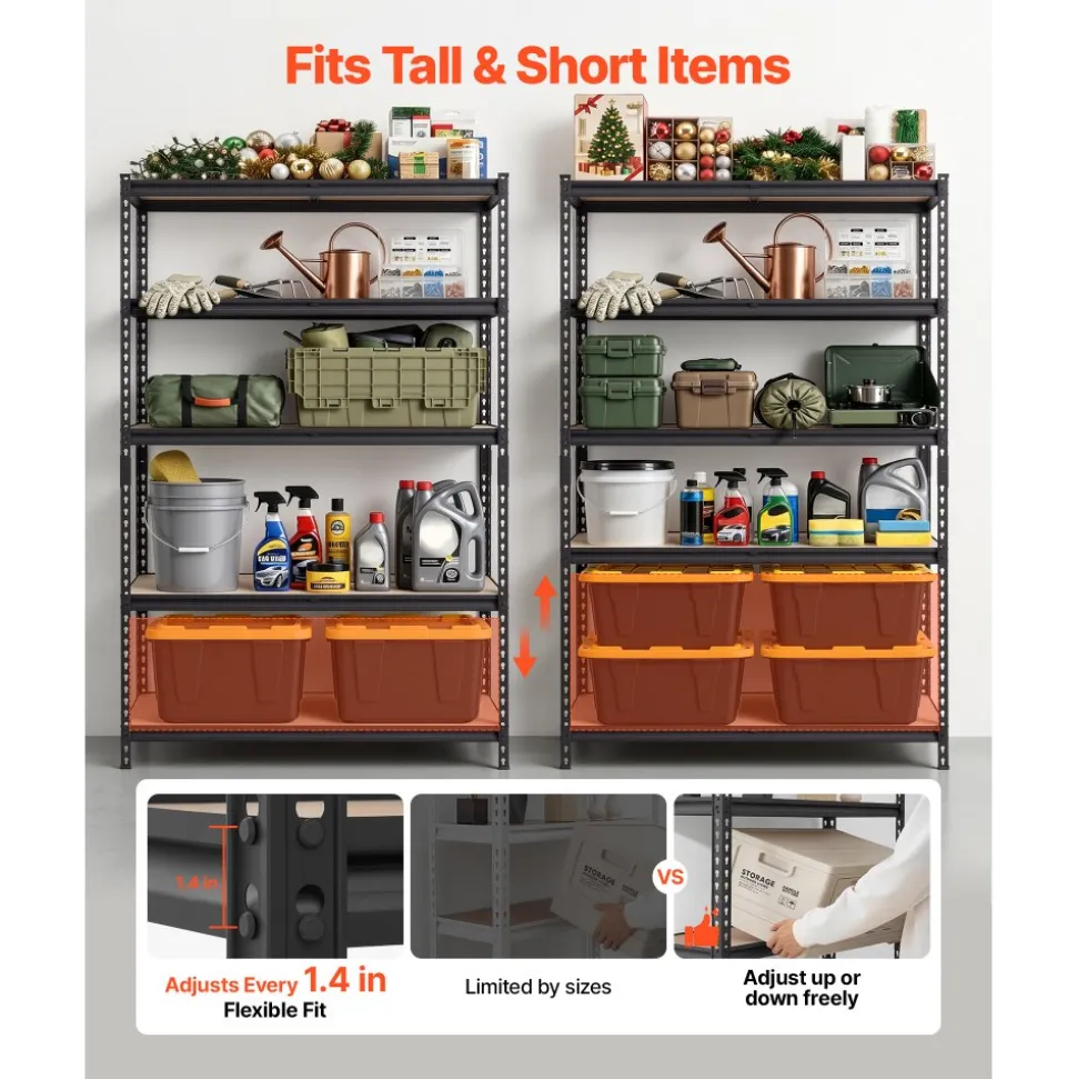 VEVOR Storage Shelves, 5-Tier Adjustable, 2000 lbs Capacity, Heavy Duty Garage Storage Shelving Unit, Metal Utility Rack Shelf, for Garage Warehouse Basement Kitchen, 48.35" W x 18.07" D x 71.38" H
