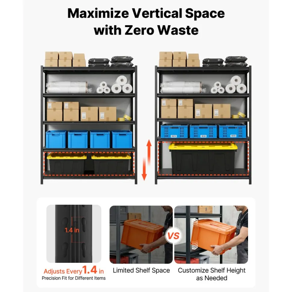 VEVOR Storage Shelves, 5-Tier Adjustable, 3000 lbs Capacity, Heavy Duty Garage Storage Shelving Unit, Metal Utility Rack Shelf, for Garage Workshop Warehouse Basement, 59.49" W x 20.55" D x 71.38" H