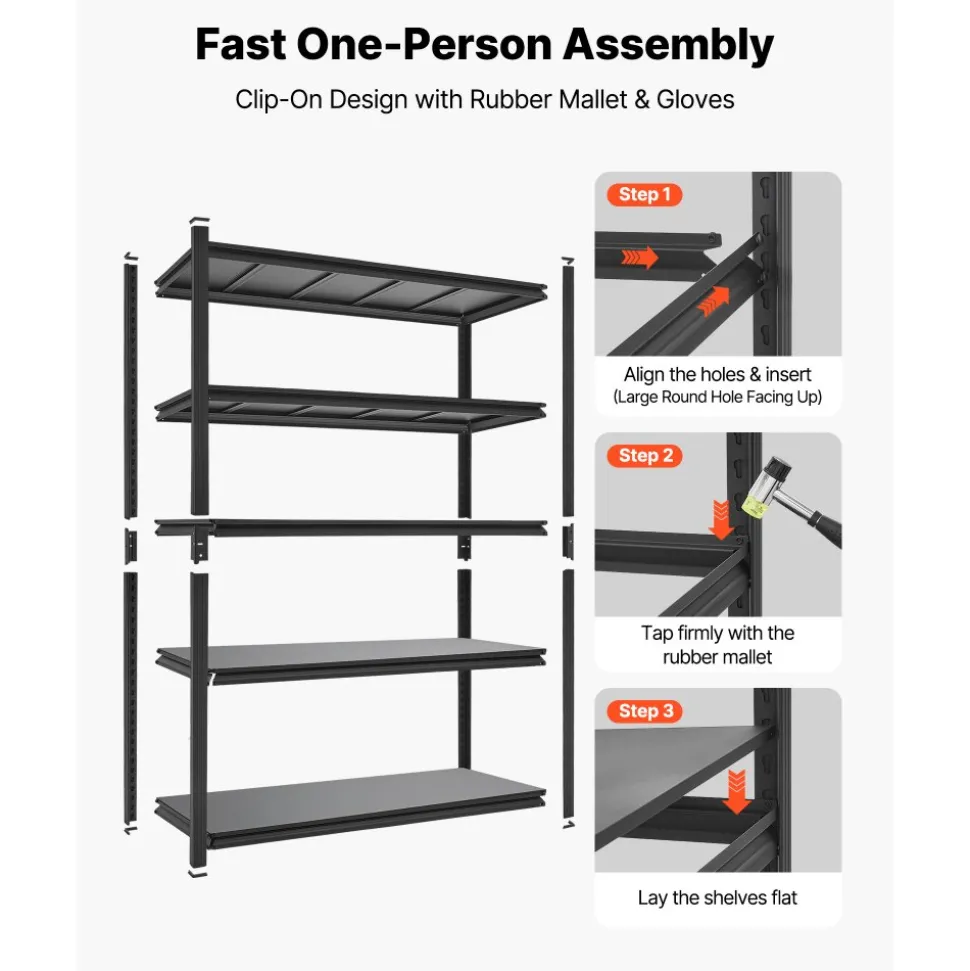 VEVOR Storage Shelves, 5-Tier Adjustable, 3000 lbs Capacity, Heavy Duty Garage Storage Shelving Unit, Metal Utility Rack Shelf, for Garage Workshop Warehouse Basement, 48.43" W x 24.53" D x 71.38" H