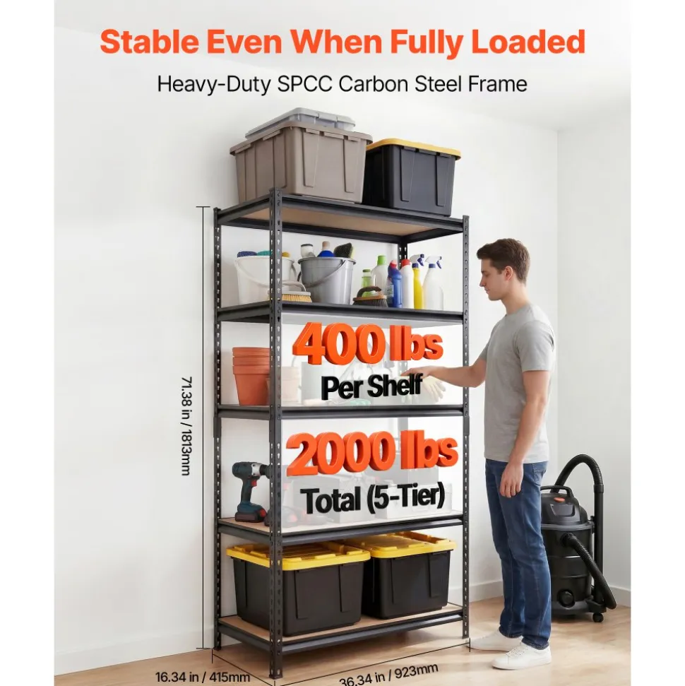 VEVOR Storage Shelves, 5-Tier Adjustable, 2000 lbs Capacity, Heavy Duty Garage Storage Shelving Unit, Metal Utility Rack Shelf, for Garage Warehouse Basement Kitchen, 36.34" W x 16.34" D x 71.38" H