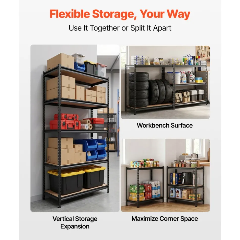 VEVOR Storage Shelves, 5-Tier Adjustable, 2000 lbs Capacity, Heavy Duty Garage Storage Shelving Unit, Metal Utility Rack Shelf, for Garage Warehouse Basement Kitchen, 36.34" W x 16.34" D x 71.38" H