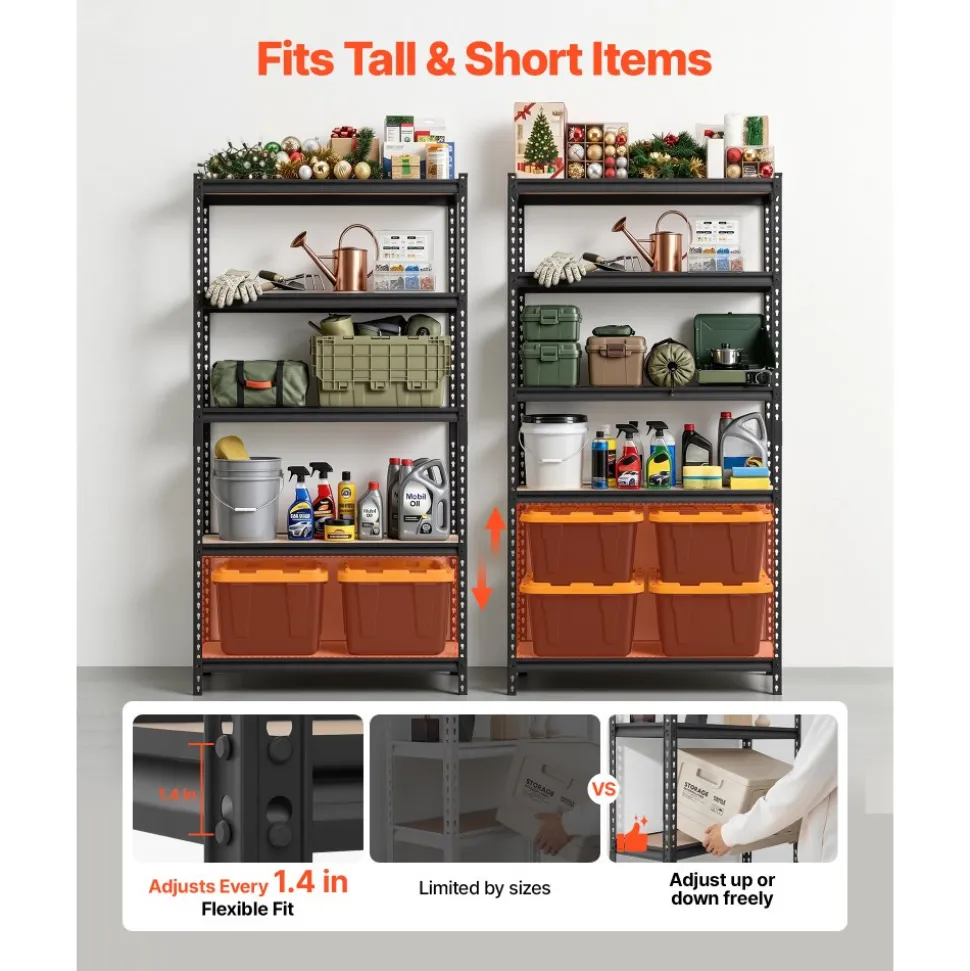 VEVOR Storage Shelves, 5-Tier Adjustable, 2000 lbs Capacity, Heavy Duty Garage Storage Shelving Unit, Metal Utility Rack Shelf, for Garage Warehouse Basement Kitchen, 36.34" W x 16.34" D x 71.38" H