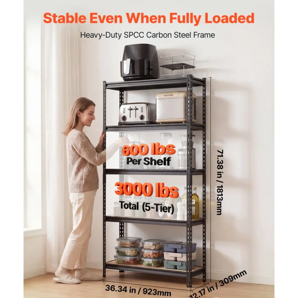 VEVOR Storage Shelves, 5-Tier Adjustable, 3000 lbs Capacity, Heavy Duty Garage Storage Shelving Unit, Metal Utility Rack Shelf, for Kitchen Pantry Basement Bathroom, 36.34" W x 12.17" D x 71.38" H