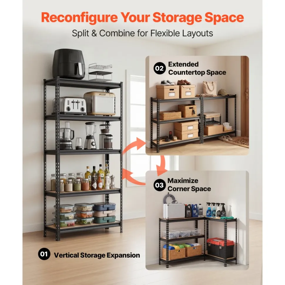 VEVOR Storage Shelves, 5-Tier Adjustable, 3000 lbs Capacity, Heavy Duty Garage Storage Shelving Unit, Metal Utility Rack Shelf, for Kitchen Pantry Basement Bathroom, 36.34" W x 12.17" D x 71.38" H