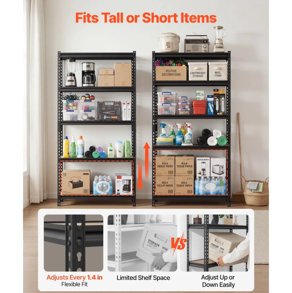 VEVOR Storage Shelves, 5-Tier Adjustable, 3000 lbs Capacity, Heavy Duty Garage Storage Shelving Unit, Metal Utility Rack Shelf, for Kitchen Pantry Basement Bathroom, 36.34" W x 12.17" D x 71.38" H