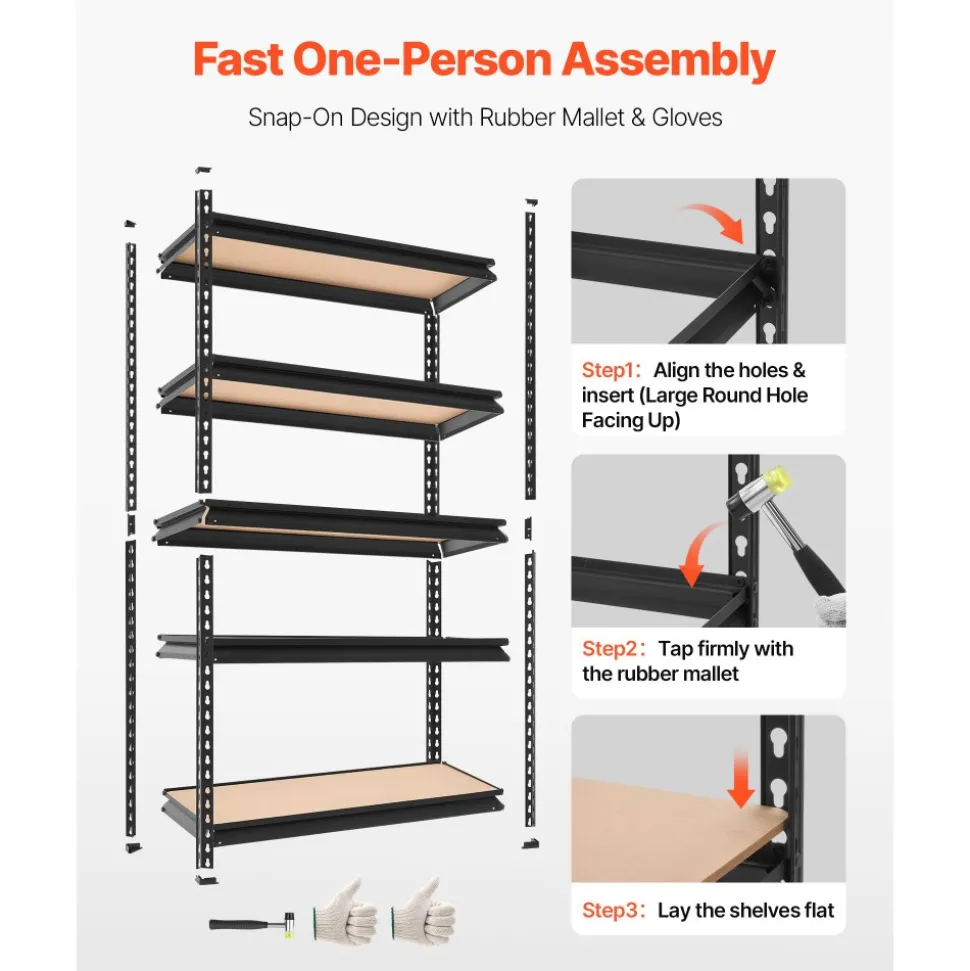 VEVOR Storage Shelves, 5-Tier Adjustable, 3000 lbs Capacity, Heavy Duty Garage Storage Shelving Unit, Metal Utility Rack Shelf, for Kitchen Pantry Basement Bathroom, 36.34" W x 12.17" D x 71.38" H