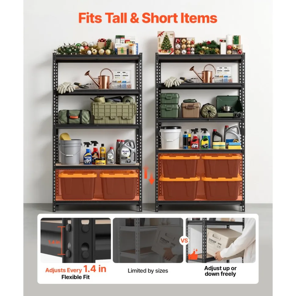 VEVOR Storage Shelves, 5-Tier Adjustable, 2500 lbs Capacity, Heavy Duty Garage Storage Shelving Unit, Metal Utility Rack Shelf, for Garage Warehouse Basement Kitchen, 40.35" W x 20.35" D x 71.38" H