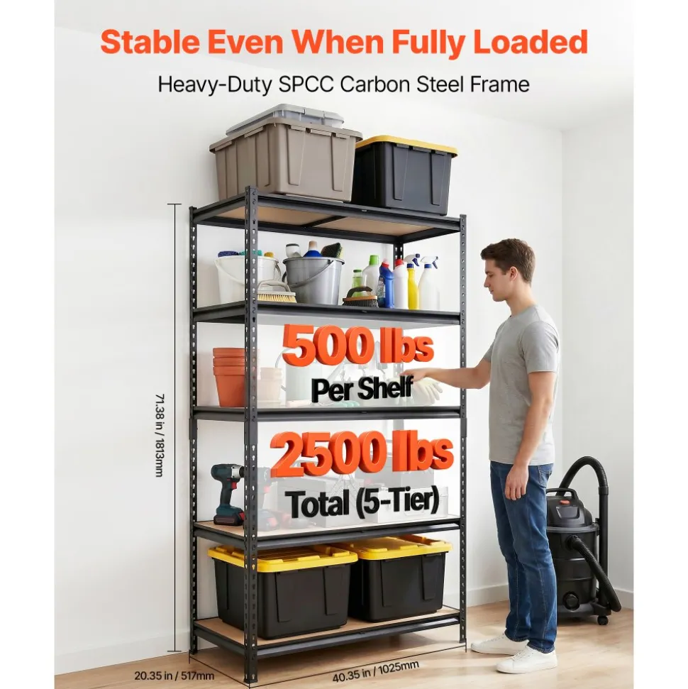 VEVOR Storage Shelves, 5-Tier Adjustable, 2500 lbs Capacity, Heavy Duty Garage Storage Shelving Unit, Metal Utility Rack Shelf, for Garage Warehouse Basement Kitchen, 40.35" W x 20.35" D x 71.38" H