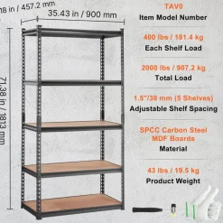 VEVOR Storage Shelving Unit, 5-Tier Adjustable, 2000 lbs Capacity, Heavy Duty Garage Shelves Metal Organizer Utility Rack, Black, 35" L x 18" W x 71" H for Kitchen Pantry Basement Bathroom Laundry