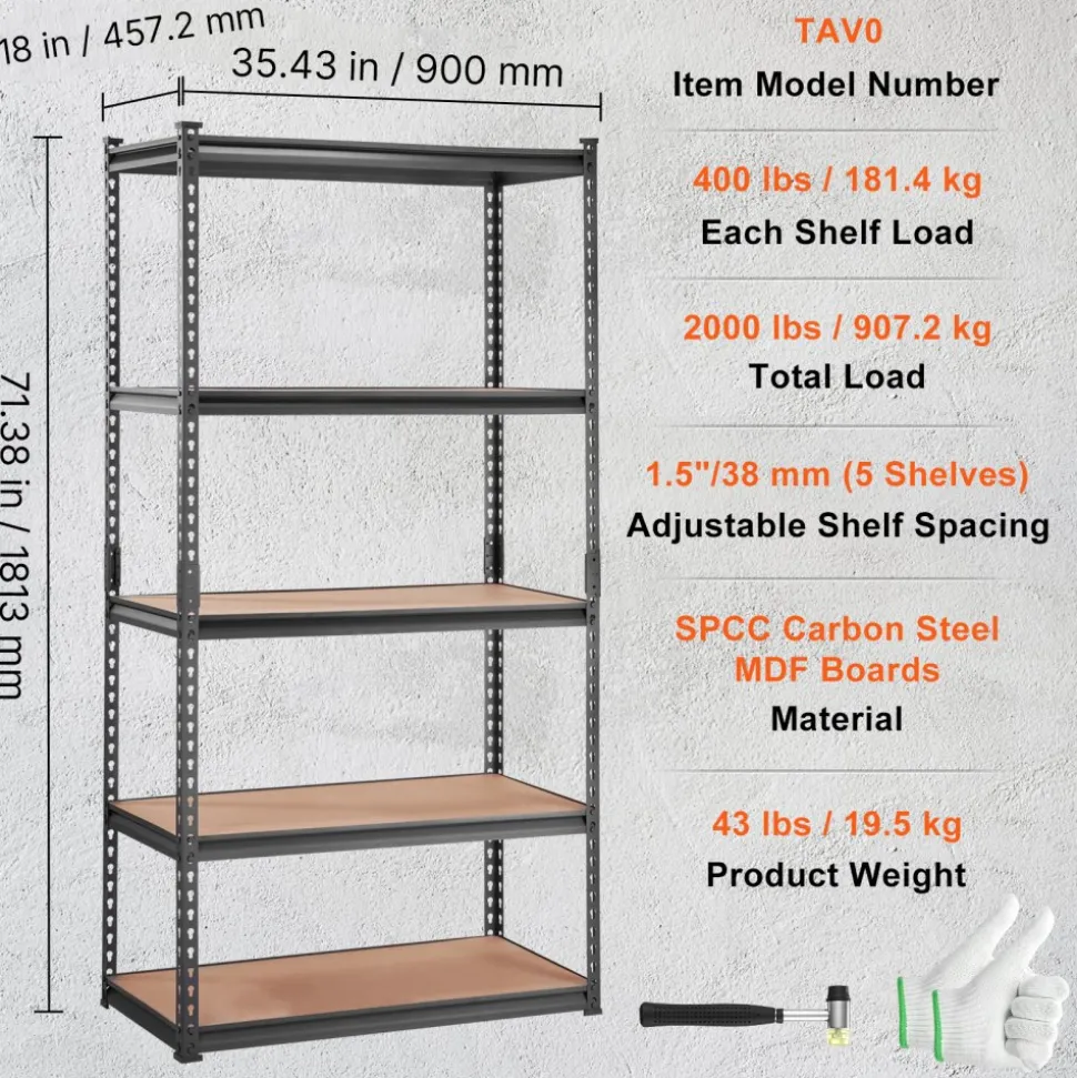 VEVOR Storage Shelving Unit, 5-Tier Adjustable, 2000 lbs Capacity, Heavy Duty Garage Shelves Metal Organizer Utility Rack, Black, 35" L x 18" W x 71" H for Kitchen Pantry Basement Bathroom Laundry