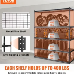 VEVOR Storage Shelving Unit, 5-Tier Adjustable, 2000 lbs Capacity, Heavy Duty Garage Shelves Metal Organizer Wire Rack, Black, 60