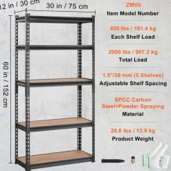 VEVOR Storage Shelving Unit, 5-Tier Adjustable, 2000 lbs Capacity, Heavy Duty Garage Shelves Metal Organizer Utility Rack, Black, 30