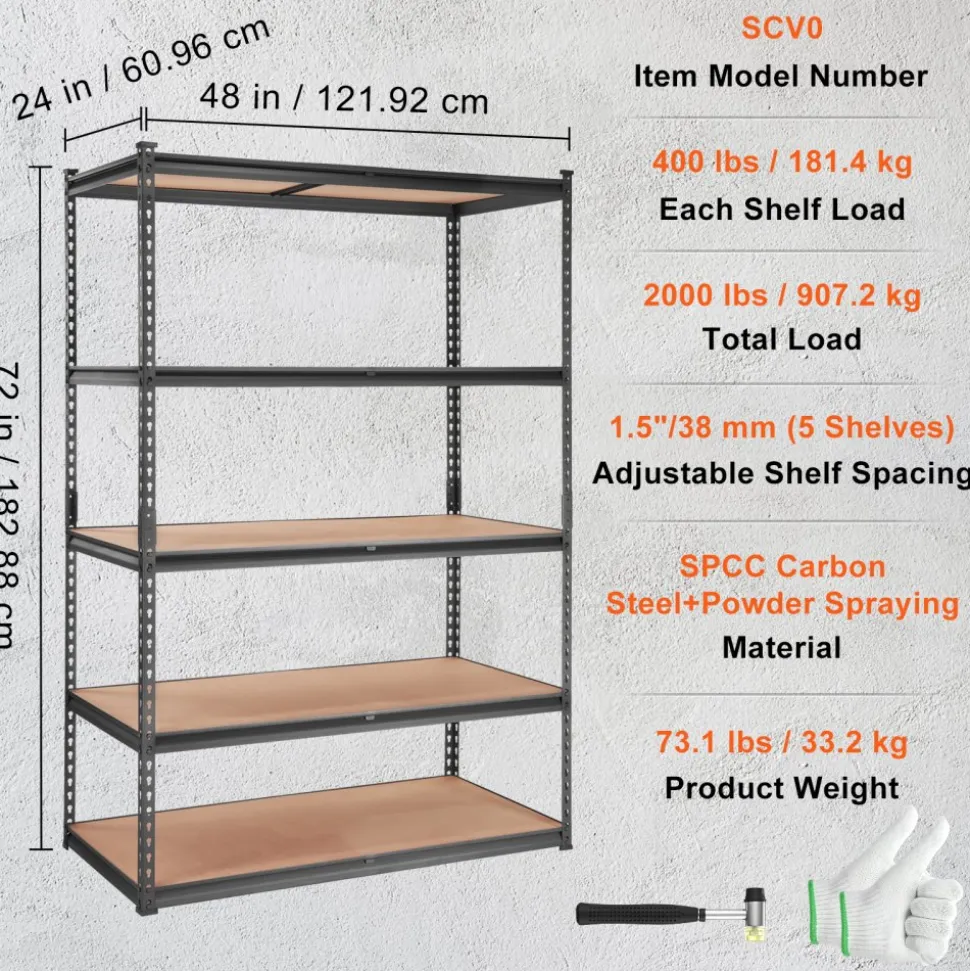 VEVOR Storage Shelving Unit, 5-Tier Adjustable, 2000 lbs Capacity, Heavy Duty Garage Shelves Metal Organizer Utility Rack, Black, 18" D x 48" W x 72" H for Kitchen Pantry Basement Bathroom Laundry
