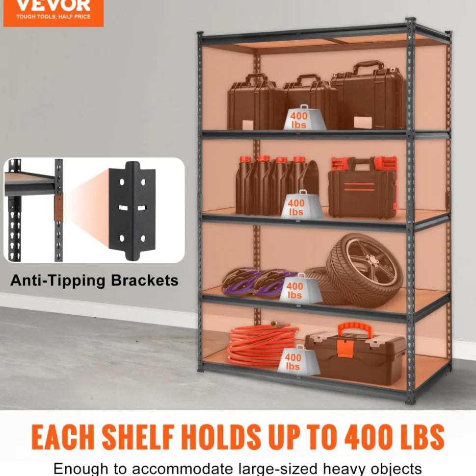 VEVOR Storage Shelving Unit, 5-Tier Adjustable, 2000 lbs Capacity, Heavy Duty Garage Shelves Metal Organizer Utility Rack, Black, 18" D x 48" W x 72" H for Kitchen Pantry Basement Bathroom Laundry