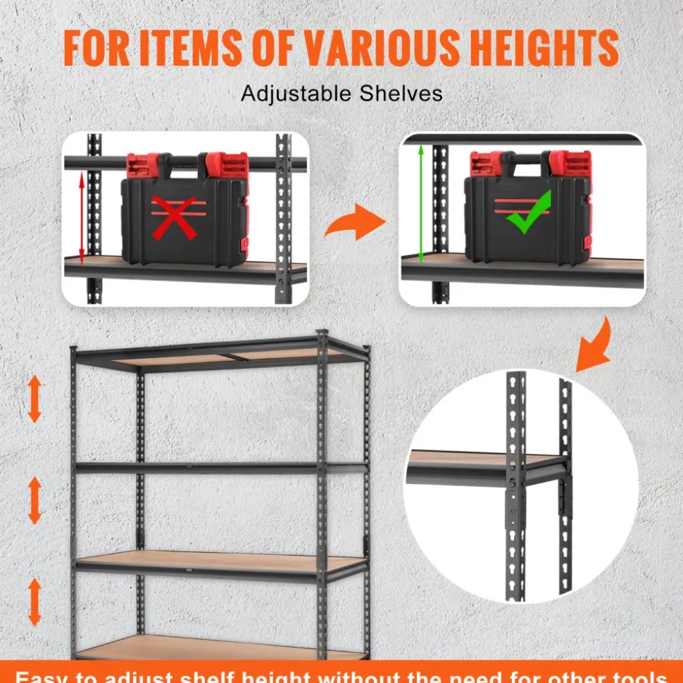 VEVOR Storage Shelving Unit, 5-Tier Adjustable, 2000 lbs Capacity, Heavy Duty Garage Shelves Metal Organizer Utility Rack, Black, 18" D x 48" W x 72" H for Kitchen Pantry Basement Bathroom Laundry