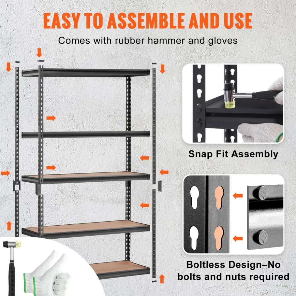 VEVOR Storage Shelving Unit, 5-Tier Adjustable, 2000 lbs Capacity, Heavy Duty Garage Shelves Metal Organizer Utility Rack, Black, 18" D x 48" W x 72" H for Kitchen Pantry Basement Bathroom Laundry