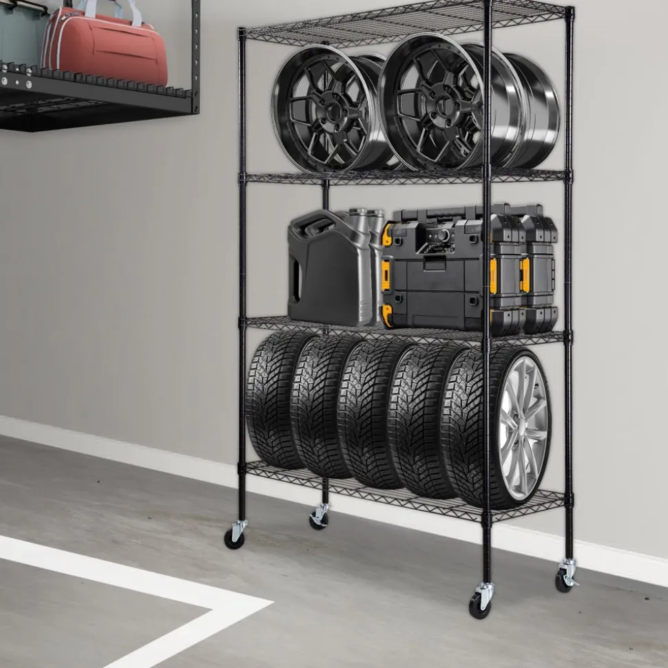 VEVOR Storage Shelving Unit with Wheels, 4-Tier Adjustable, 700 lbs Capacity, Heavy Duty Garage Shelves Metal Organizer Wire Rack, Black, 47.2" L x 17.7" W x 74" H for Kitchen Pantry Basement Bathroom