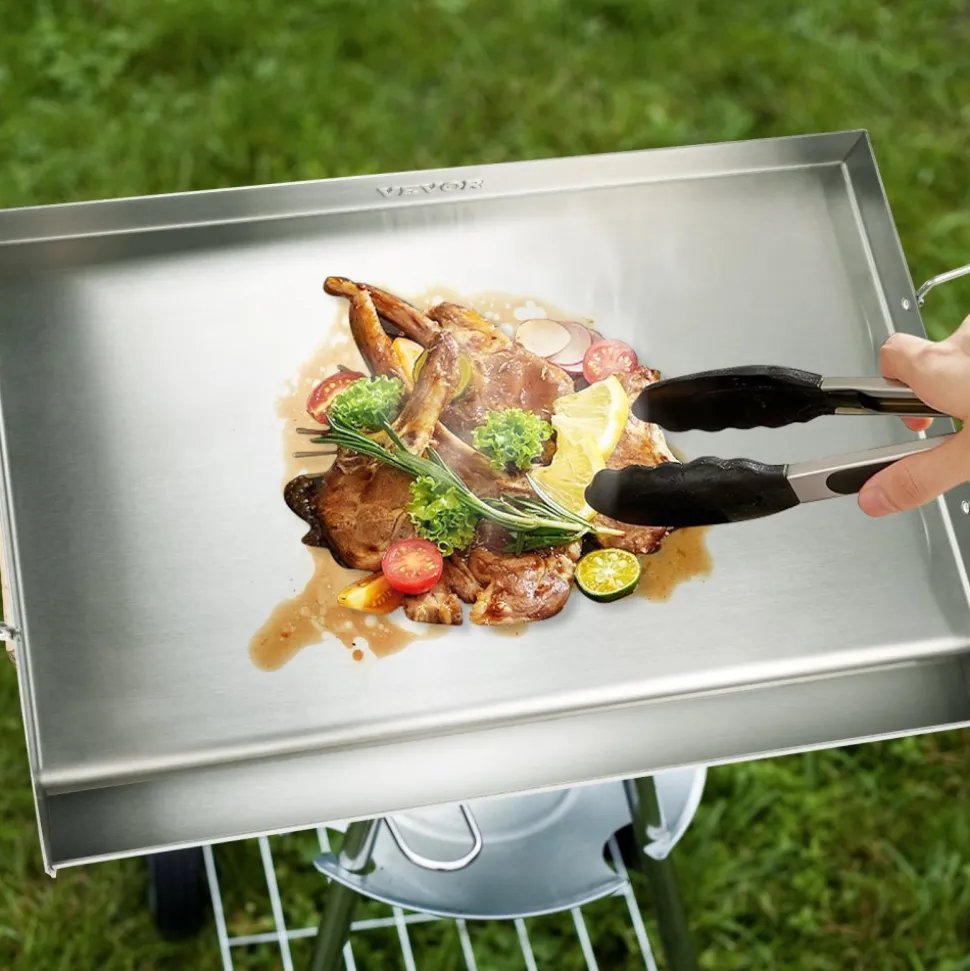 VEVOR Stove Top Griddle, 23.5"x16" Pre-Seasoned Stainless Steel Griddle, Rectangular Double Burner Griddle Pan, Non-Stick Family Pan Cookware with Handles and Oil Groove, for BBQ, Gas Grills, Silver