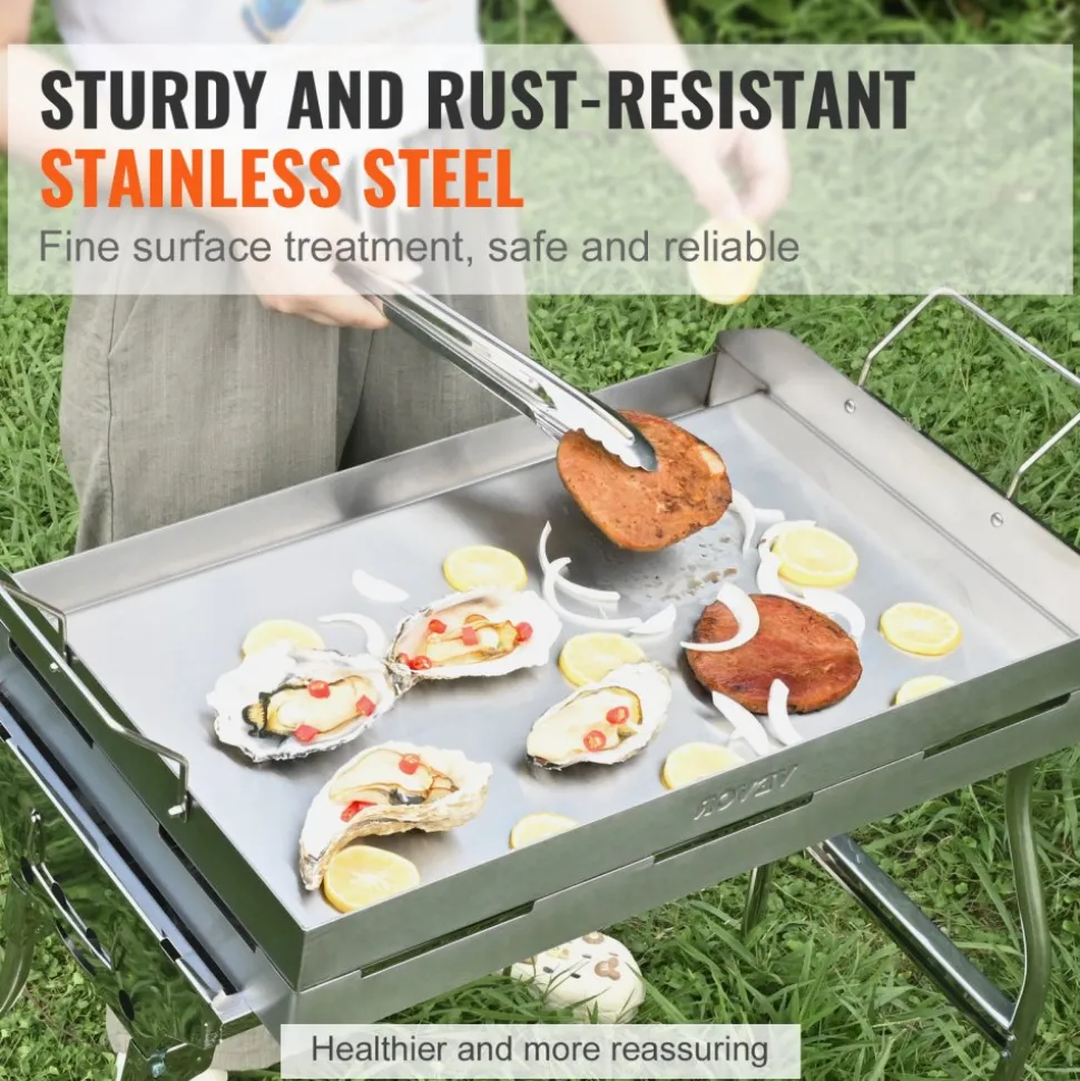 VEVOR Stove Top Griddle, 23.5"x16" Pre-Seasoned Stainless Steel Griddle, Rectangular Double Burner Griddle Pan, Non-Stick Family Pan Cookware with Handles and Oil Groove, for BBQ, Gas Grills, Silver