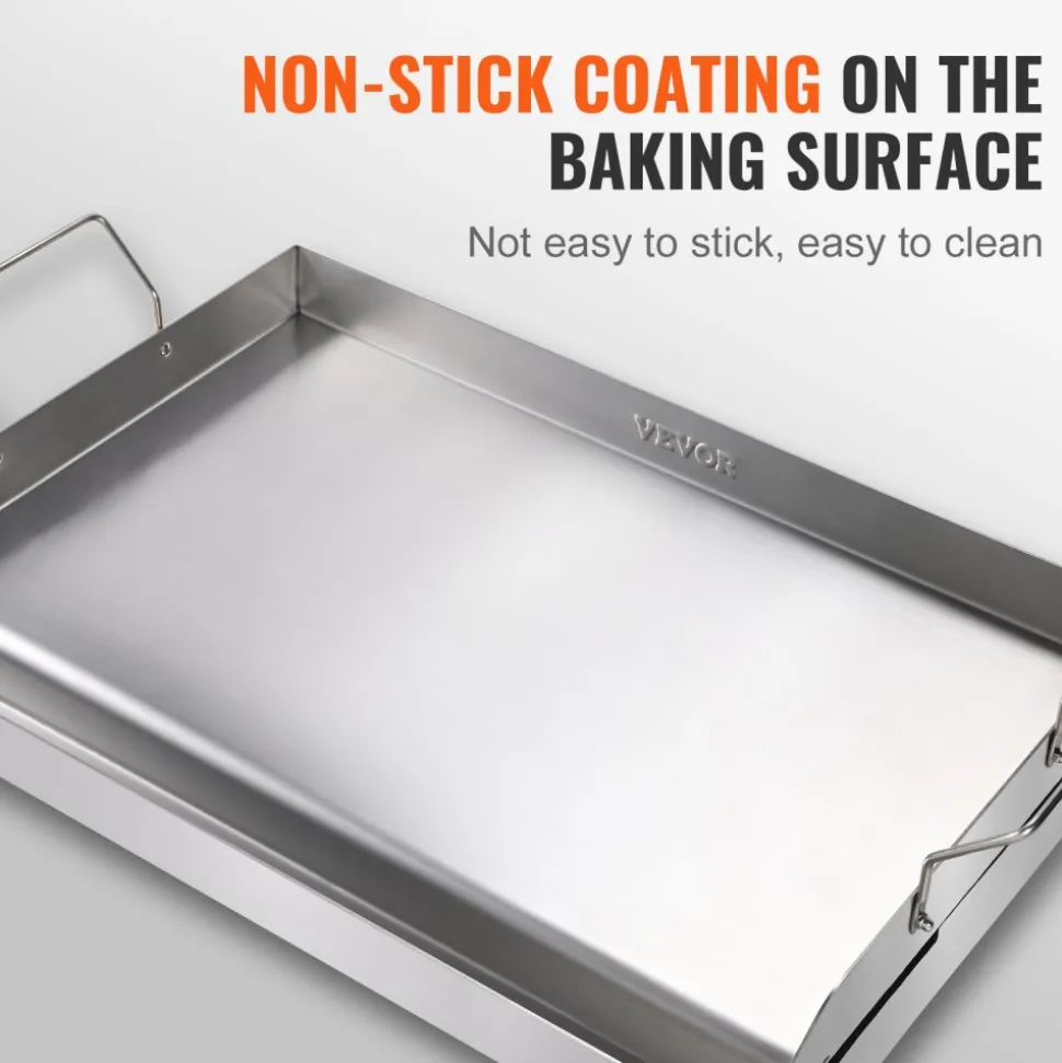 VEVOR Stove Top Griddle, 23.5"x16" Pre-Seasoned Stainless Steel Griddle, Rectangular Double Burner Griddle Pan, Non-Stick Family Pan Cookware with Handles and Oil Groove, for BBQ, Gas Grills, Silver
