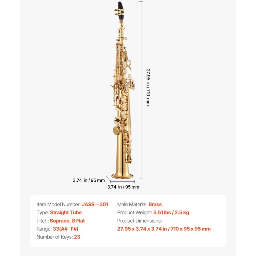 VEVOR Straight Soprano Saxophone, B Flat, Brass Saxophone Beginner Kit with Carrying Case, Mouthpiece, Cleaning Cloth Rod, Gloves, Neck Strap, 23 Keys Soprano Sax Kit, for Beginners Students, Gold