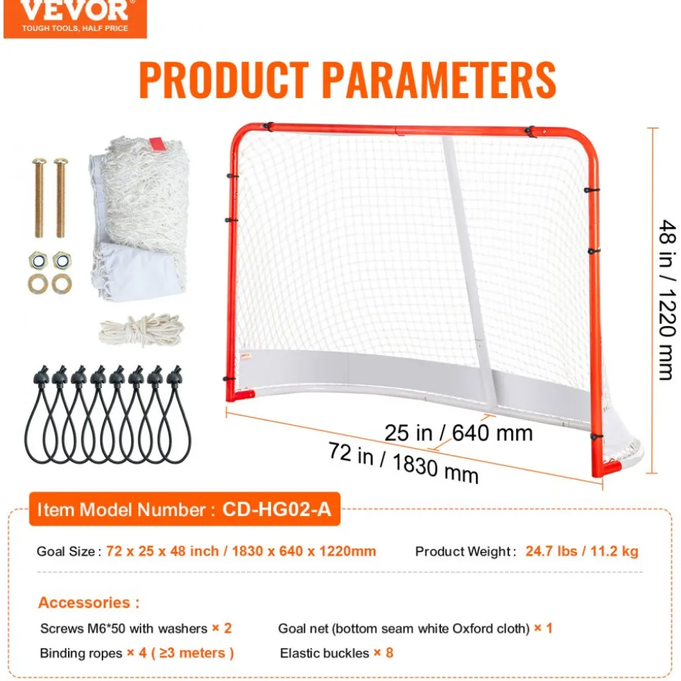 VEVOR Street Hockey Net, Indoor Outdoor Steel Hockey Goal, Official Regulation Pro Hockey Training Goal Set, Portable Hockey Goal with Net, Easy Assemble, 72" x 48", White/Red