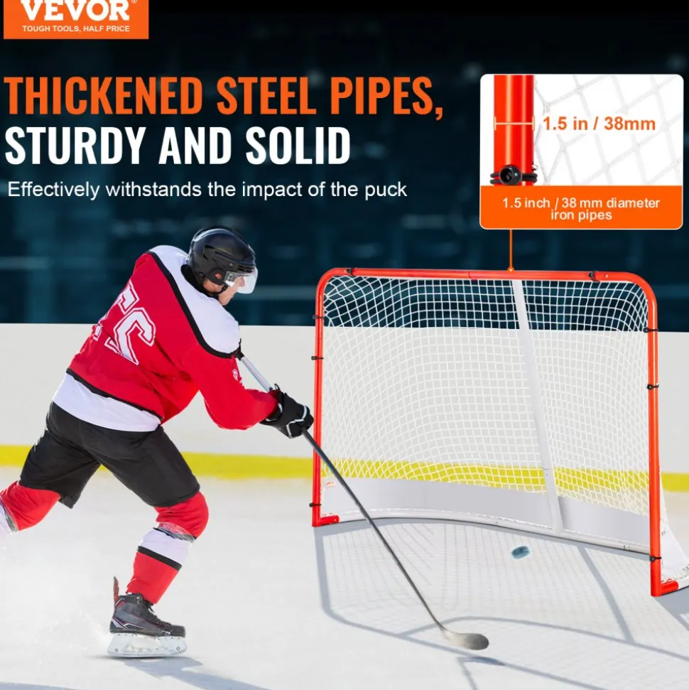 VEVOR Street Hockey Net, Indoor Outdoor Steel Hockey Goal, Official Regulation Pro Hockey Training Goal Set, Portable Hockey Goal with Net, Easy Assemble, 72" x 48", White/Red