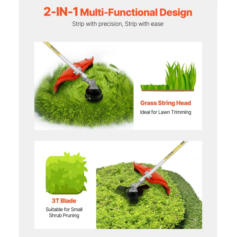 VEVOR String Trimmer, 26cc 2 in 1 Weed Wacker Gas Powered, 17" Cordless Grass Trimmer with 10" Brush Cutter, Shoulder Strap & 3T Blade, 2-Stroke Heavy-Duty Gas Weed Wacker for Quick Grass Cleaning