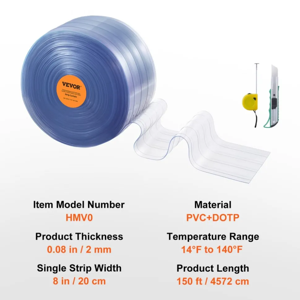 VEVOR Strip Curtain, 150' Length, 8" Width, 0.08" Thickness, Clear Ribbed Plastic Door Strips, PVC Curtain Strip Door Bulk Roll for Warehouses, Factories, Supermarkets, Shopping Malls, Halls, Garages