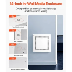 VEVOR Structured Media Enclosure, 14-Inch, Recessed in-Wall Media Box with Cover, Wall-Mount Cable Management Box Kit, Structured Wiring Multi-Media Cabinet, Cold-Rolled Steel, for TV Home Theater