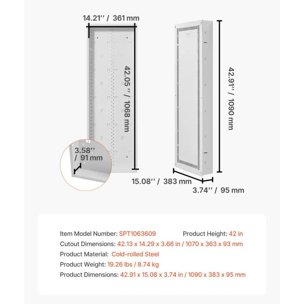 VEVOR Structured Media Enclosure, 42-Inch, Recessed in-Wall Media Box with Cover, Wall-Mount Cable Management Box Kit, Structured Wiring Multi-Media Cabinet, Cold-Rolled Steel, for TV Home Theater