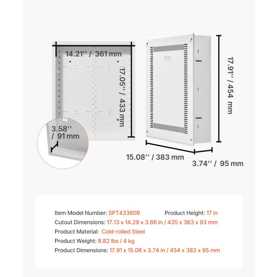 VEVOR Structured Media Enclosure, 17-Inch, Recessed in-Wall Media Box with Cover, Wall-Mount Cable Management Box Kit, Structured Wiring Multi-Media Cabinet, Cold-Rolled Steel, for TV Home Theater