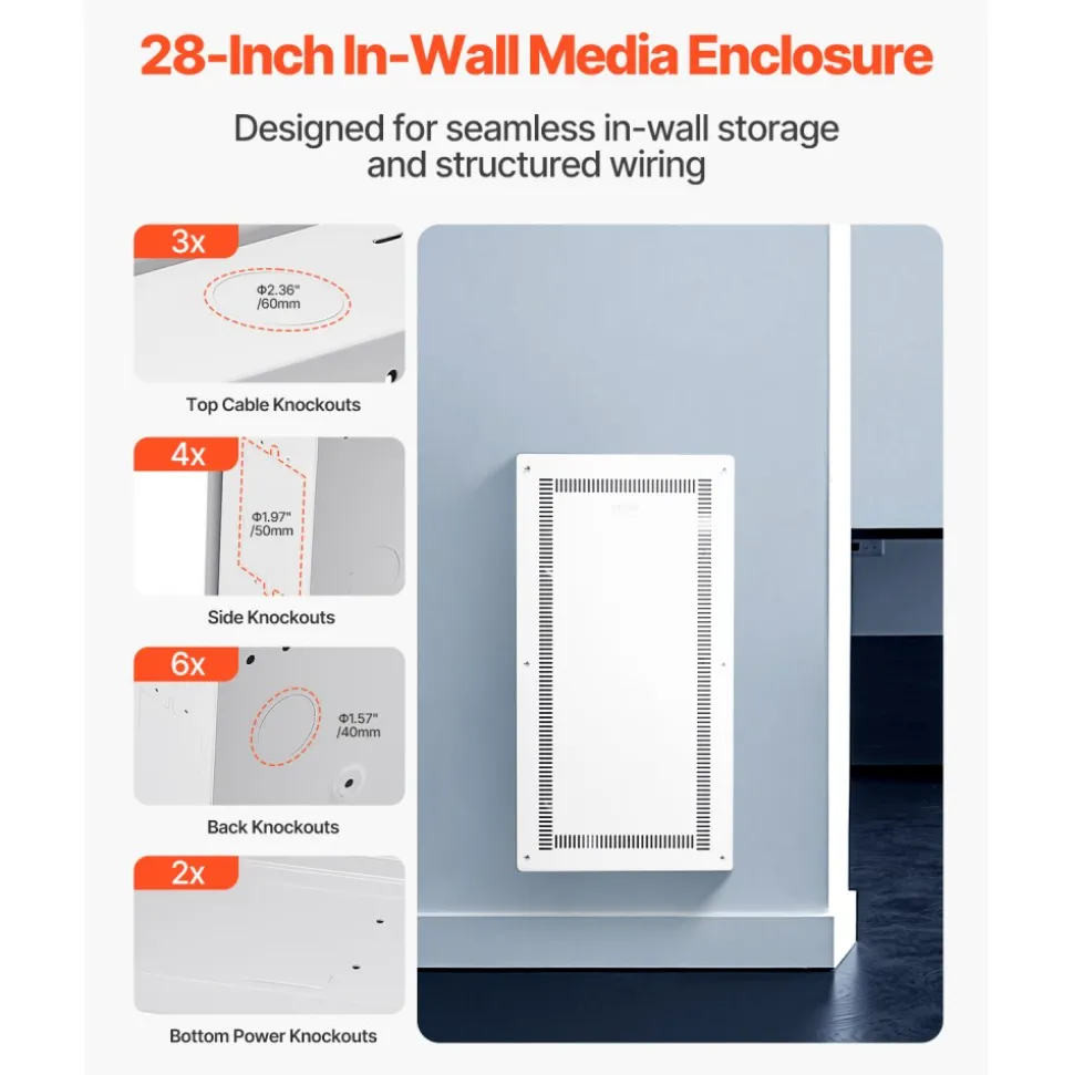 VEVOR Structured Media Enclosure, 28-Inch, Recessed in-Wall Media Box with Cover, Wall-Mount Cable Management Box Kit, Structured Wiring Multi-Media Cabinet, Cold-Rolled Steel, for TV Home Theater